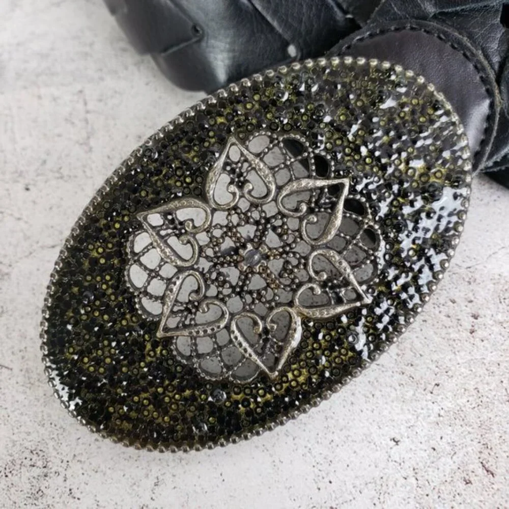 Vintage Bohemian Braided Leather Belt Enameled Metalwork Mandala Buckle
